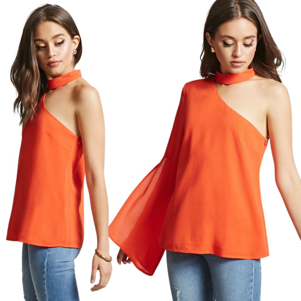 Forever 21 Orange One Shoulder Bell Sleeve Top